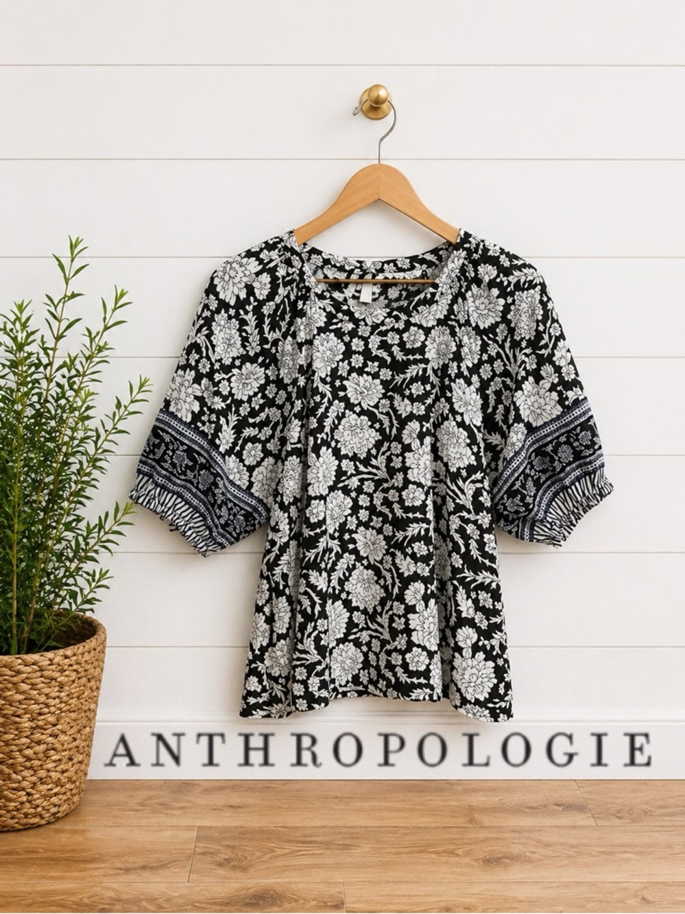 🌺💙🖤Anthropologie Saison de la Fleur Floral Blouse S | Puff Sleeve Boho Top